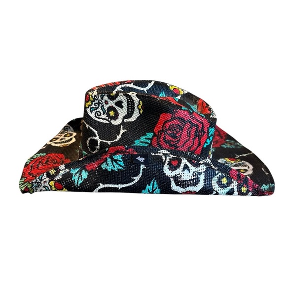 Peter Grimm Cowboy Hat Sugar Skulls/Rose Print Black Cotton Western Cowgirl EUC - Picture 3 of 8